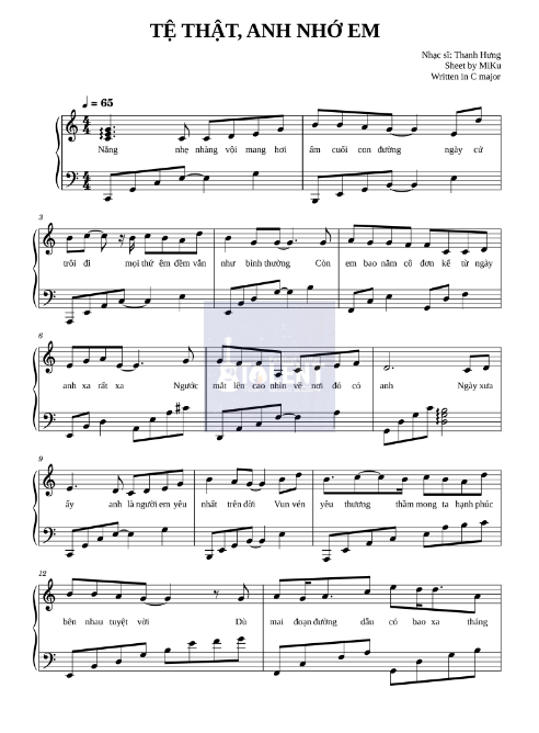 Tải FREE Tệ Thật, Anh Nhớ Em sheet nhạc Piano PDF