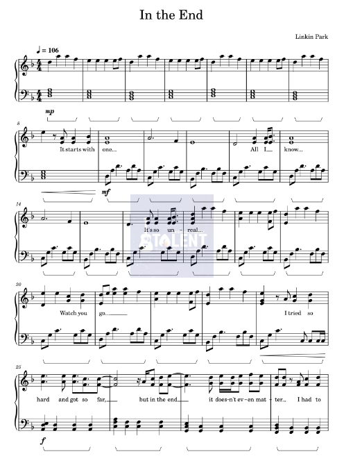 Tải FREE In The End sheet nhạc Piano PDF